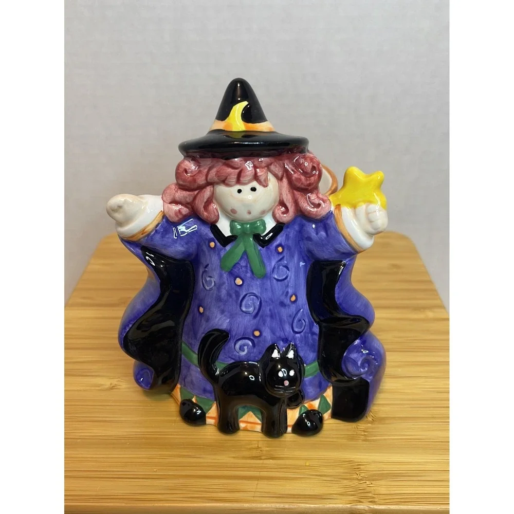 Vintage Whole Home Ceramic Witch with Black Cat‎ Tealight Holder with Tealight